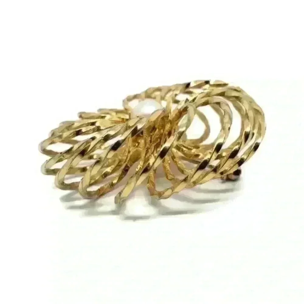 Vintage Brooch Twisted Round Puffy Caged Faux Pearl MCM 10k Gold Plated